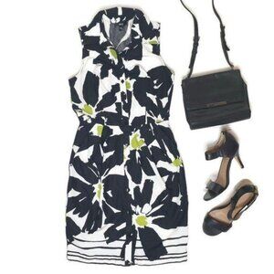 BCX Womens Black & White with green detail Floral Sleeveless Dress size Medium
